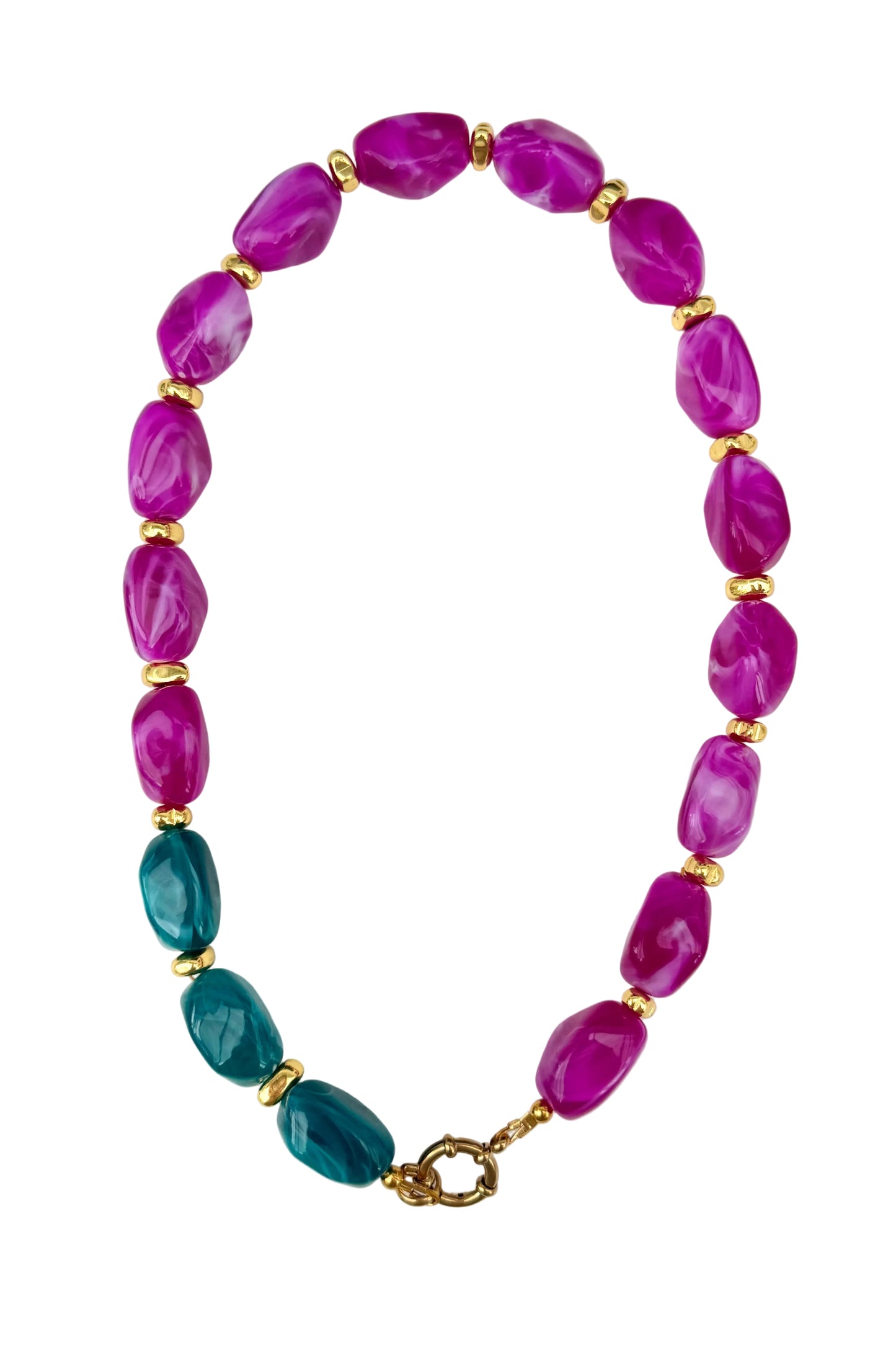 Necklace with purple and teal beads on a white background
