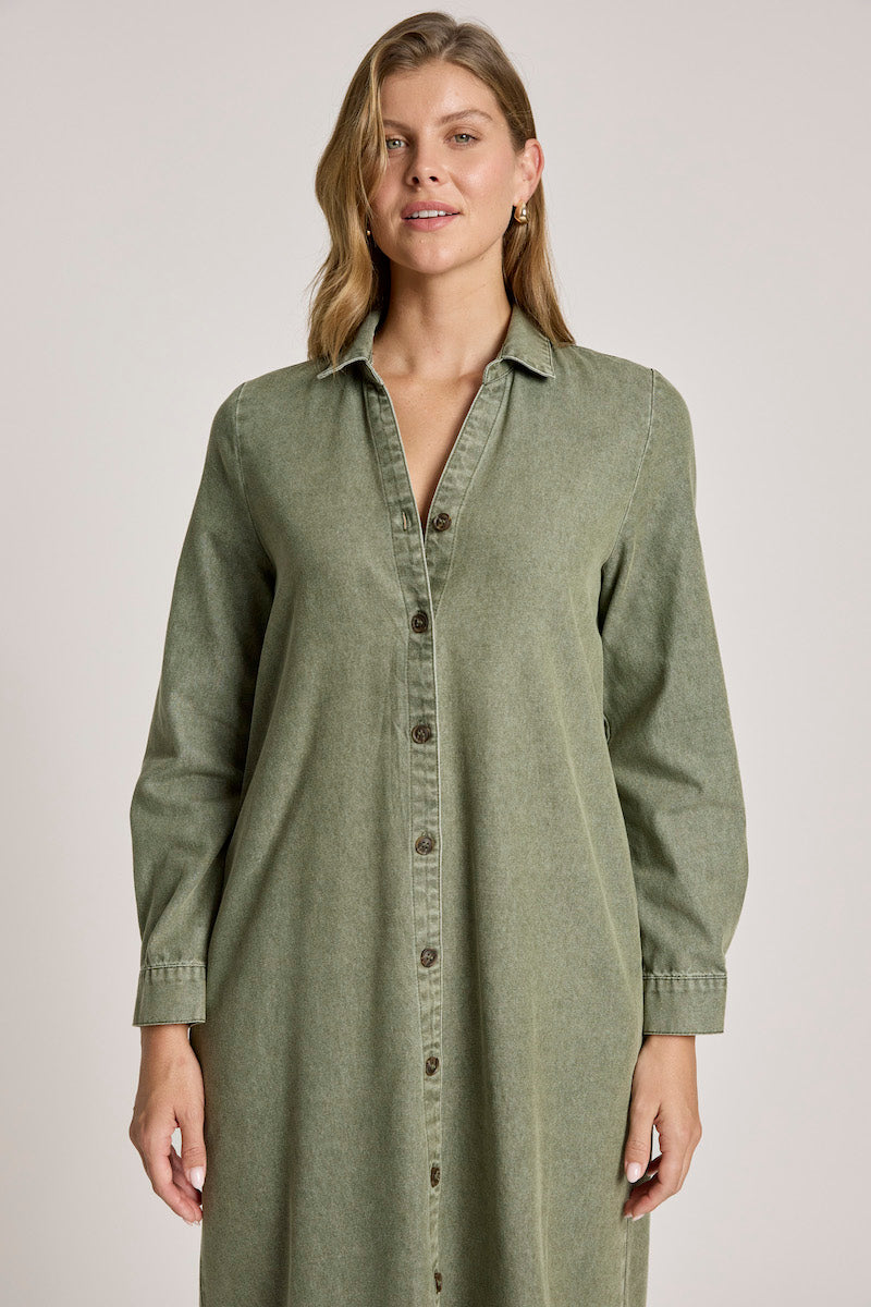 Bodhi Denim Shirt Dress, Olive
