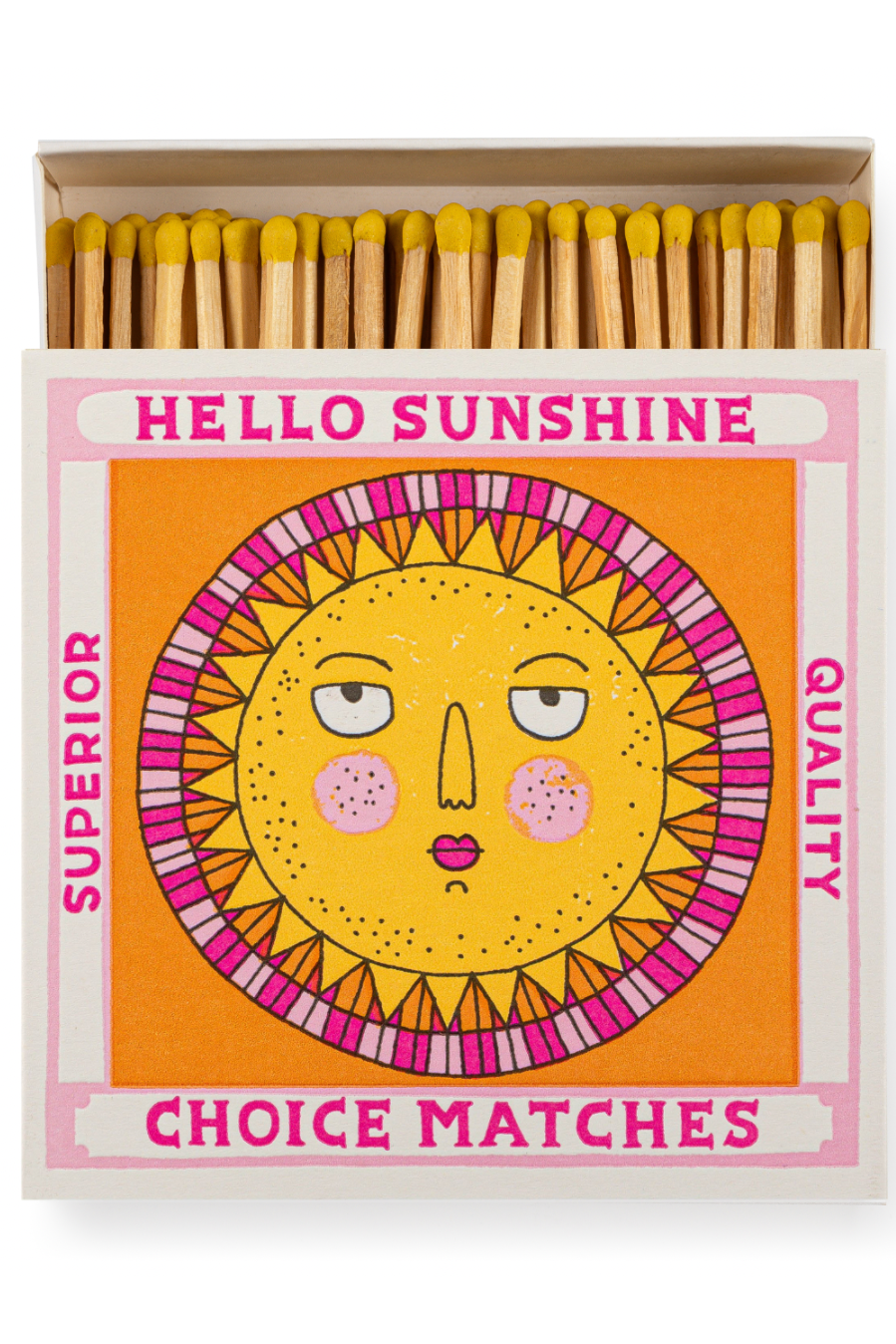Matches in a box with a sun design and 'Hello Sunshine' text on a white background