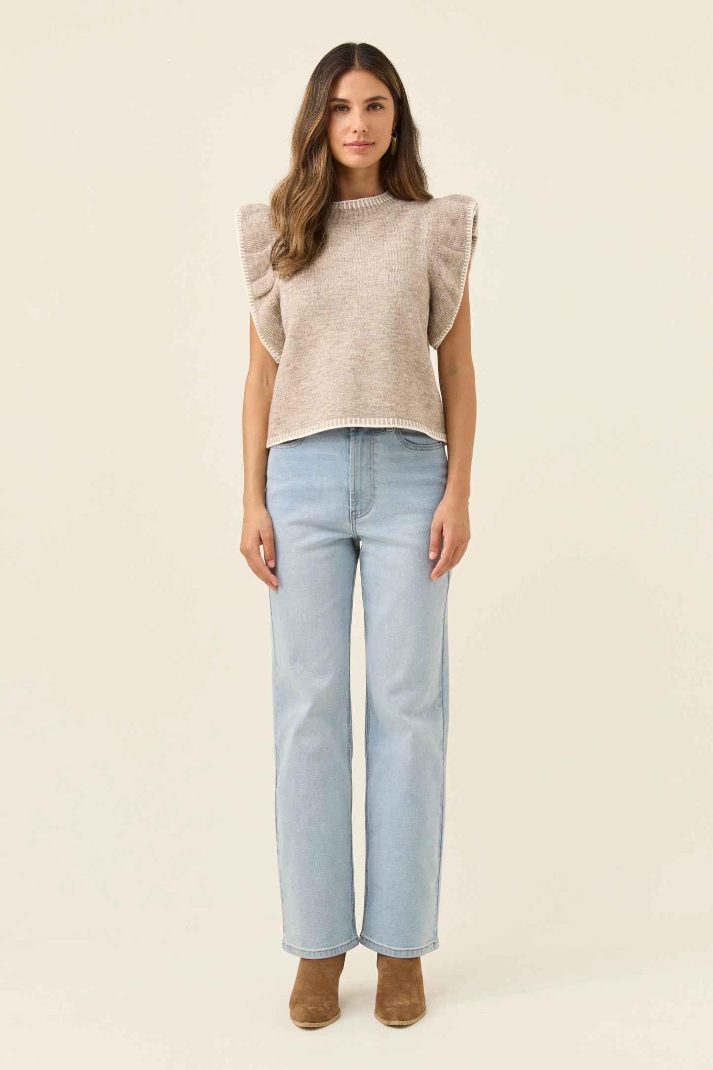 Athena Frill Knit Top, Stone