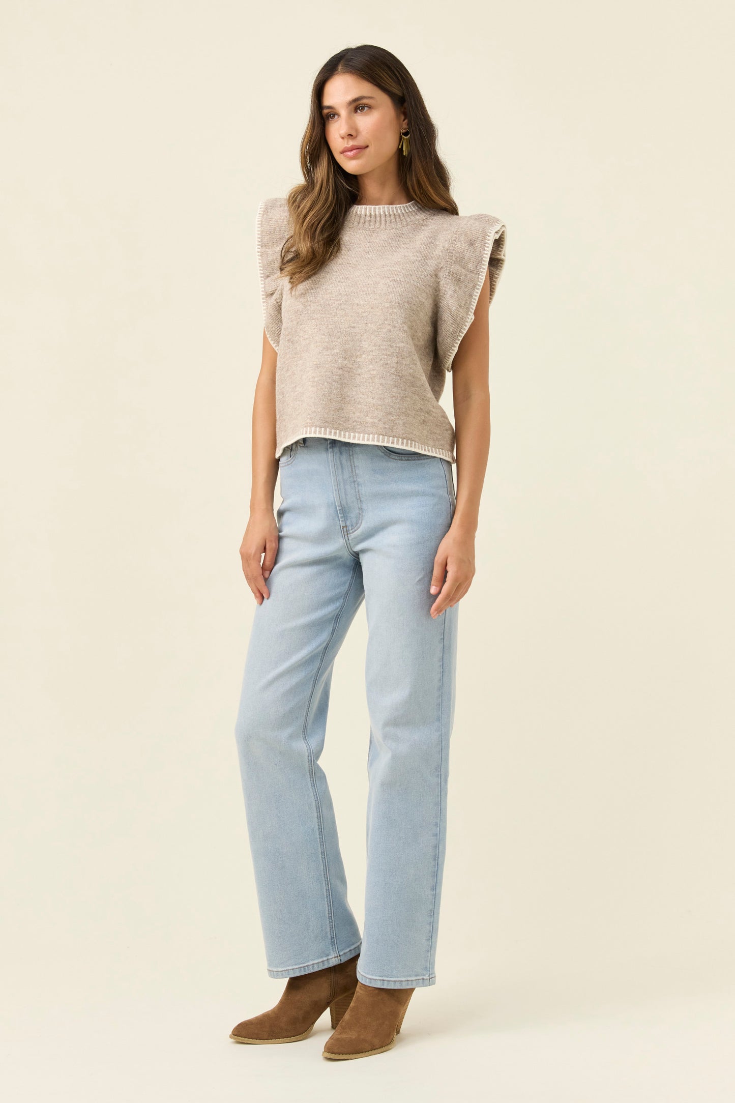 Athena Frill Knit Top, Stone