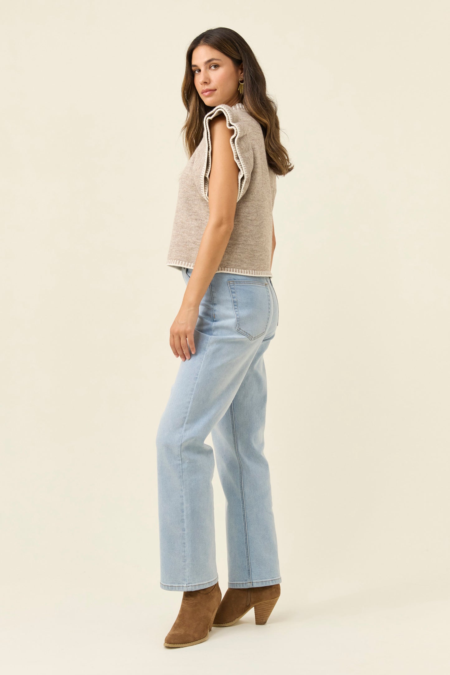 Athena Frill Knit Top, Stone