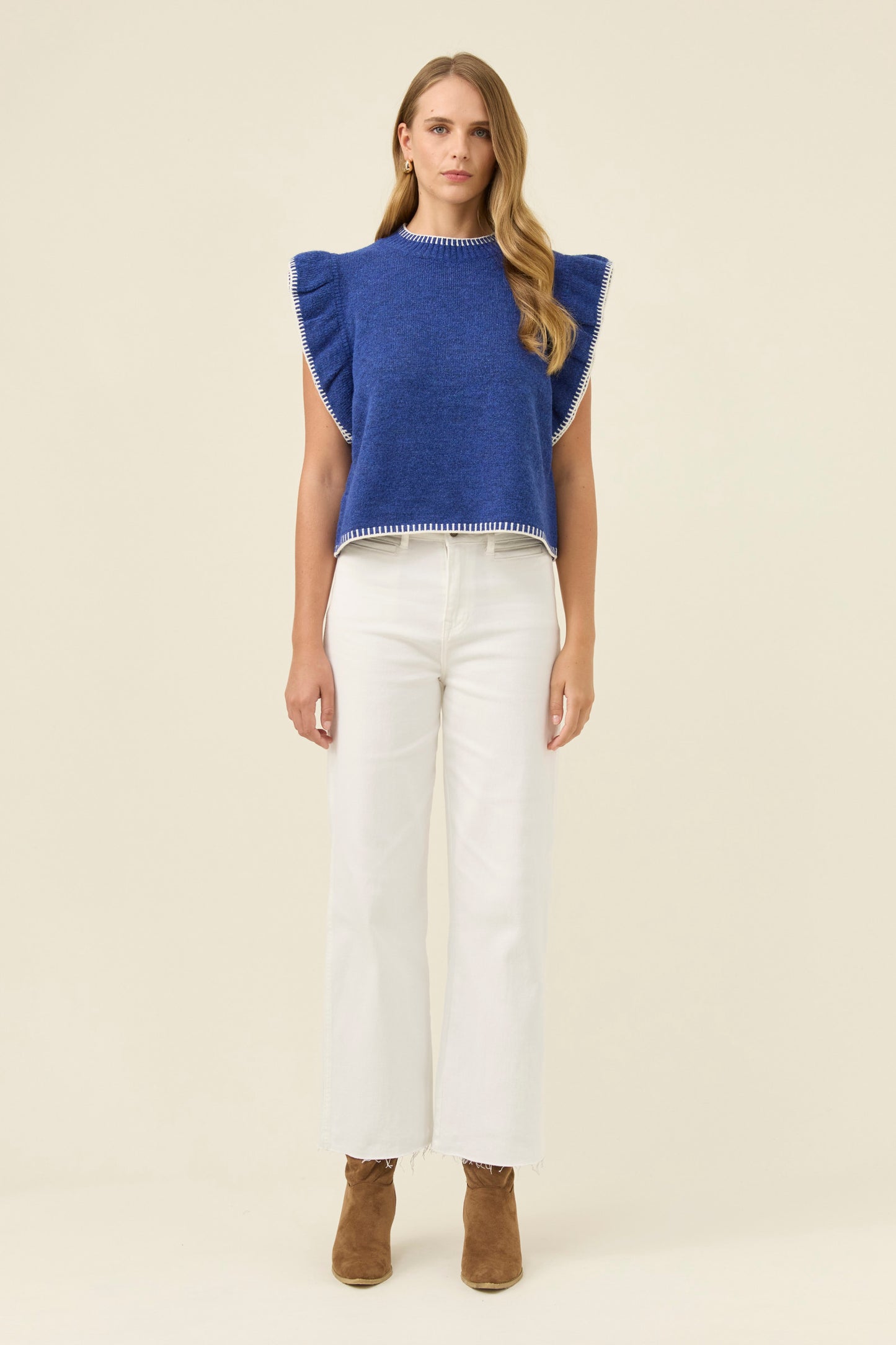 Athena Frill Knit Top, Cobalt