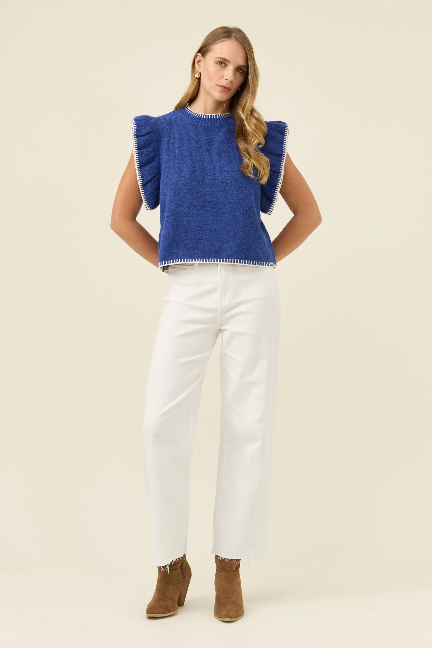 Athena Frill Knit Top, Cobalt