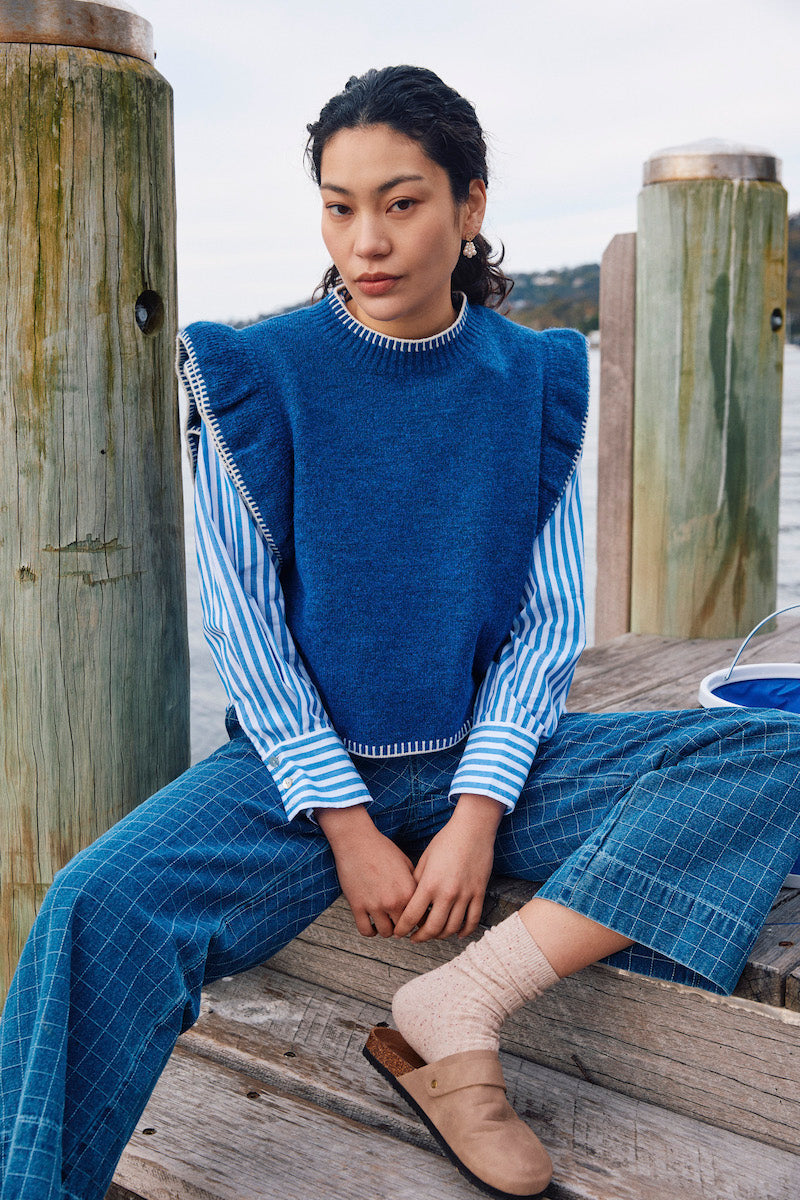 Athena Frill Knit Top, Cobalt