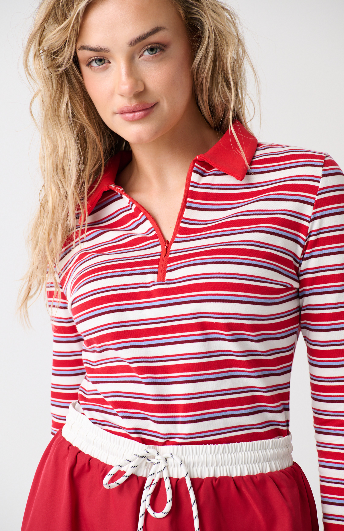 Avery Zip Long Sleeve, Red Stripe