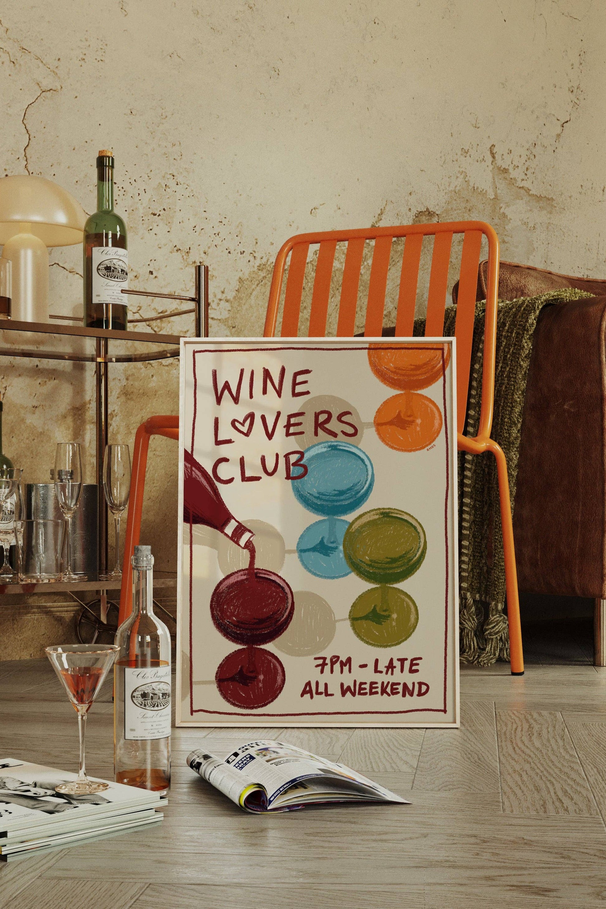 Wine-themed decor with 'Wine Lovers Club' sign in a cozy living room setting.