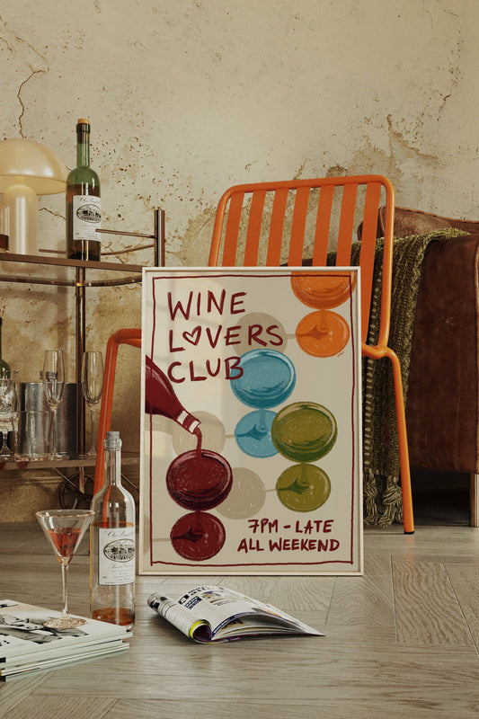 Wine-themed decor with 'Wine Lovers Club' sign in a cozy living room setting.