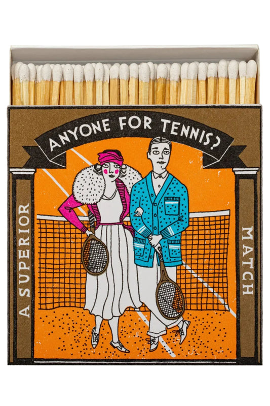 Matchbox with vintage-style illustration of a couple on a tennis court and text 'Anyone for Tennis?'.