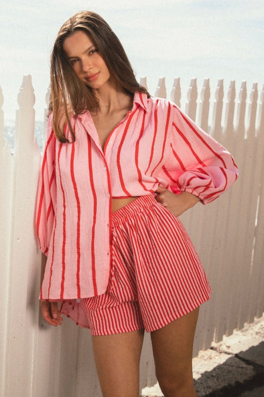 Leon Stripe Shorts, Raspberry