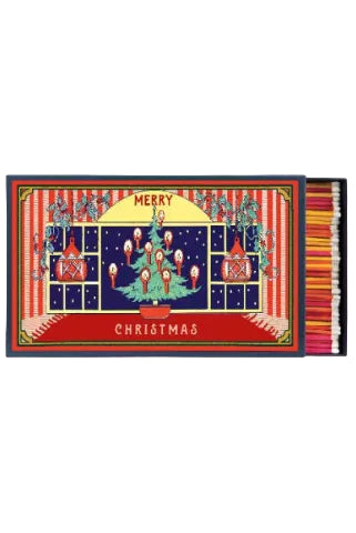 Decorative Christmas card with a festive design featuring a family and Christmas tree.