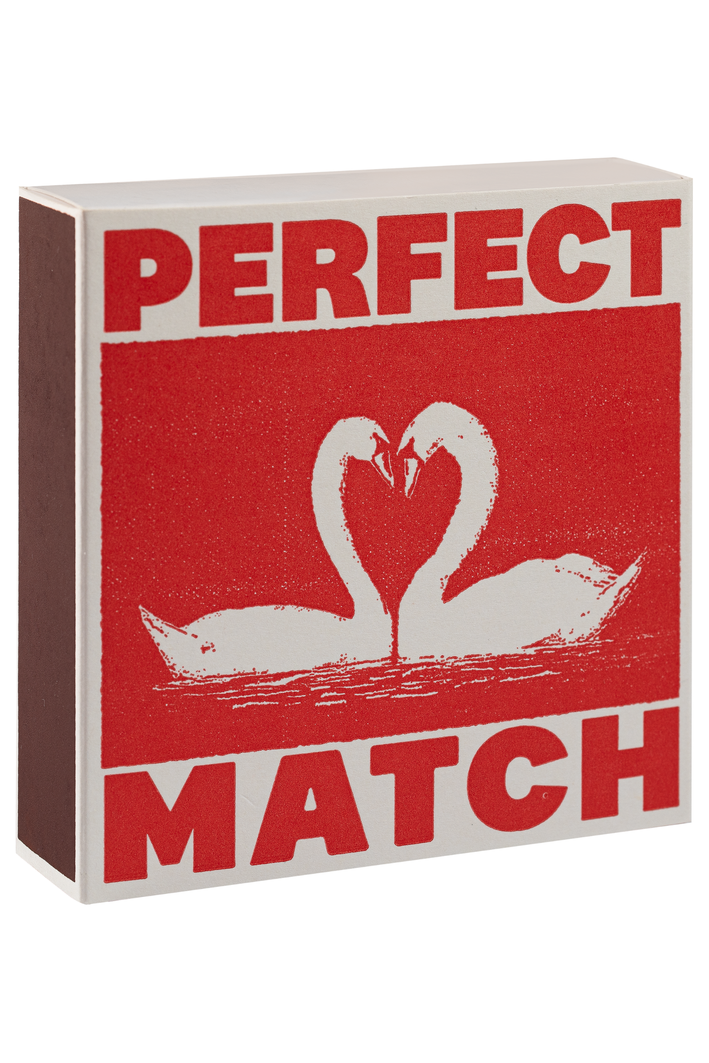 Box with 'Perfect Match' text and swan illustration on a red background