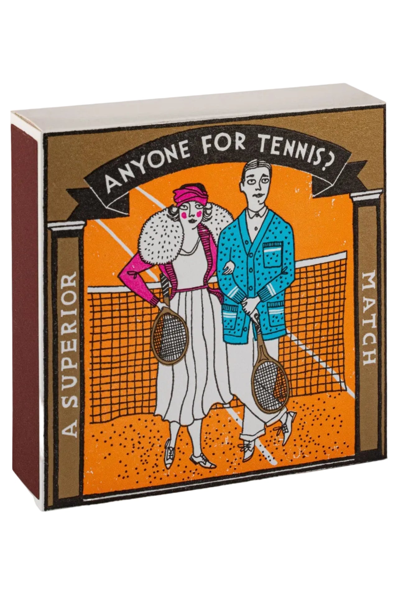 Cardboard box with illustration of a couple holding tennis rackets on a tennis court, with text 'Anyone for Tennis?'