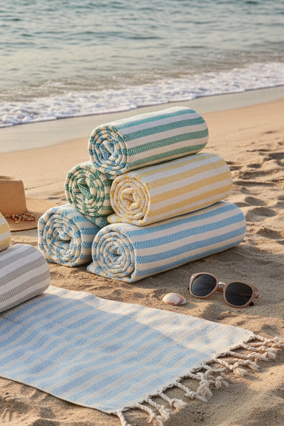 Set of folded striped towels in various colors on a light background