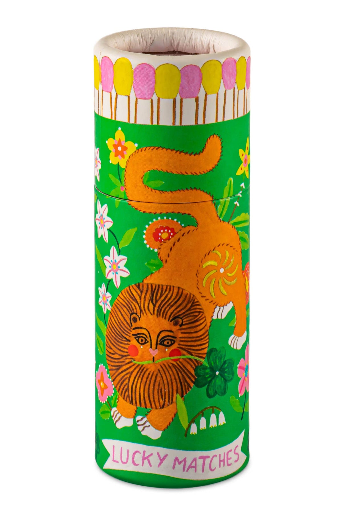 Matches canister with a lion design on a white background