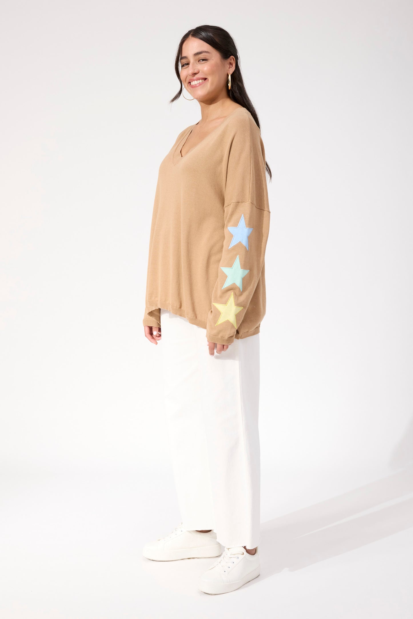 Vermont Star V Neck Jumper, Tan