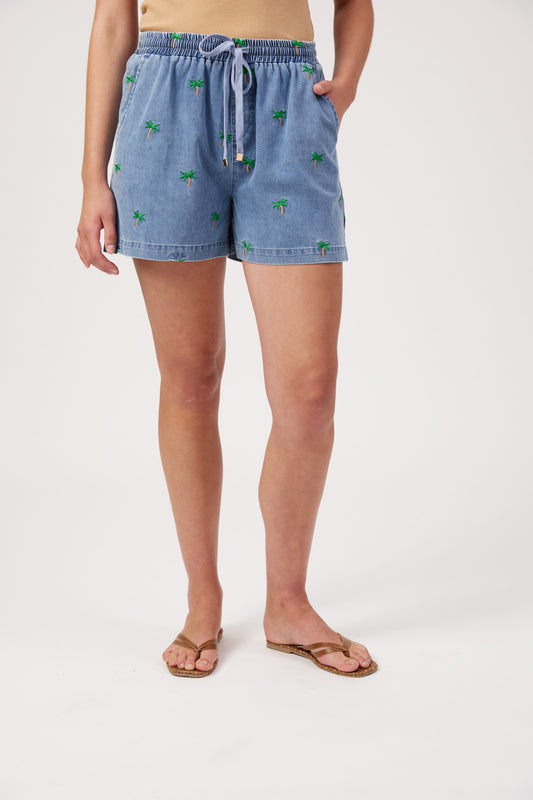 Mauritius Embroidered Denim Short, Blue