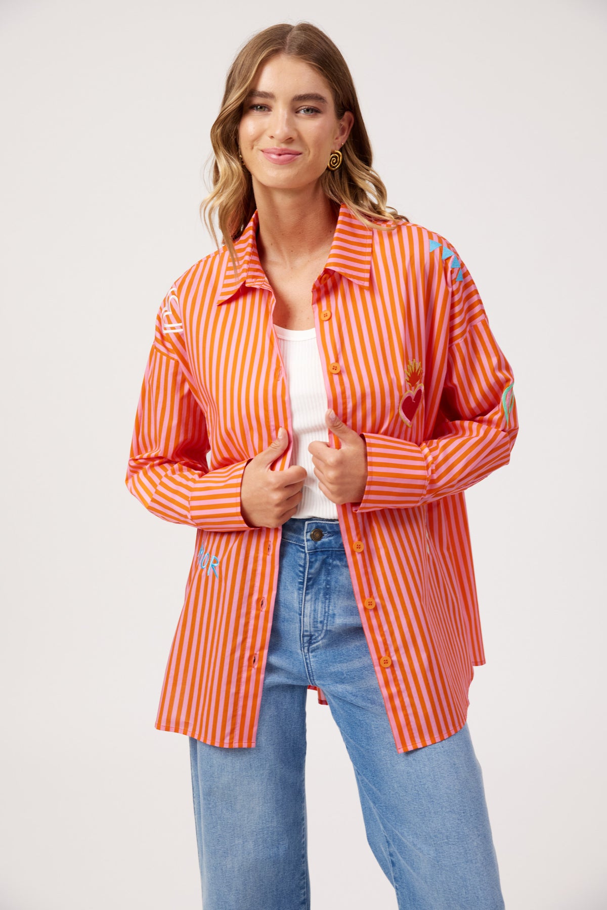 Mykonos Embroidered Stripe Shirt, Pink