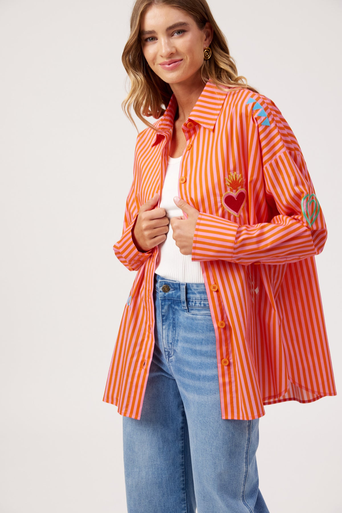 Mykonos Embroidered Stripe Shirt, Pink