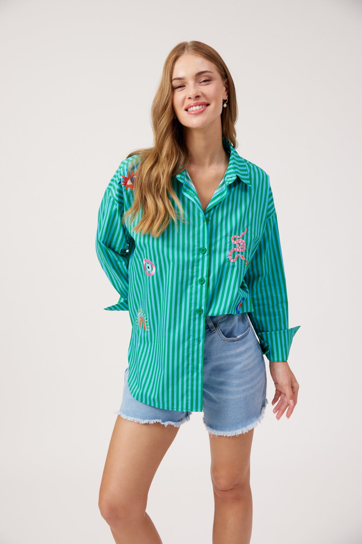 Mykonos Embroidered Stripe Shirt, Green