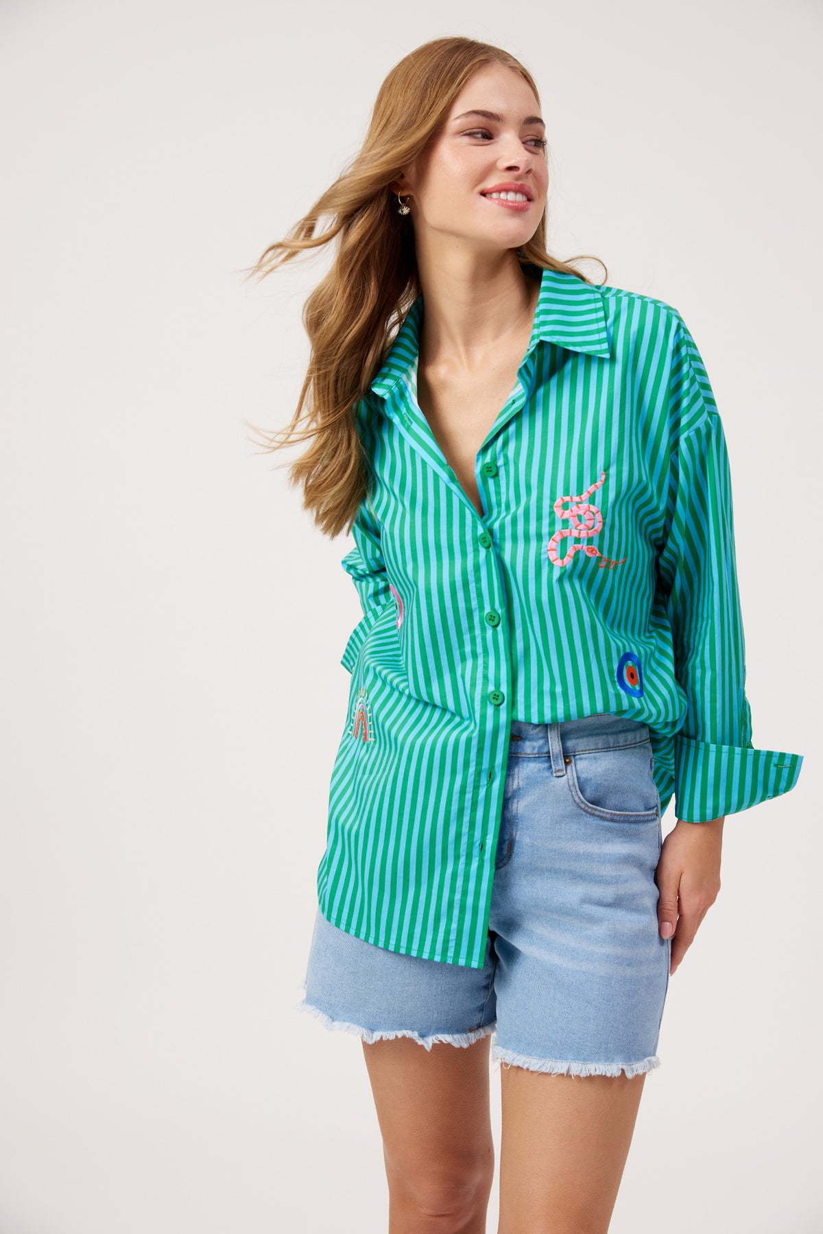 Mykonos Embroidered Stripe Shirt, Green
