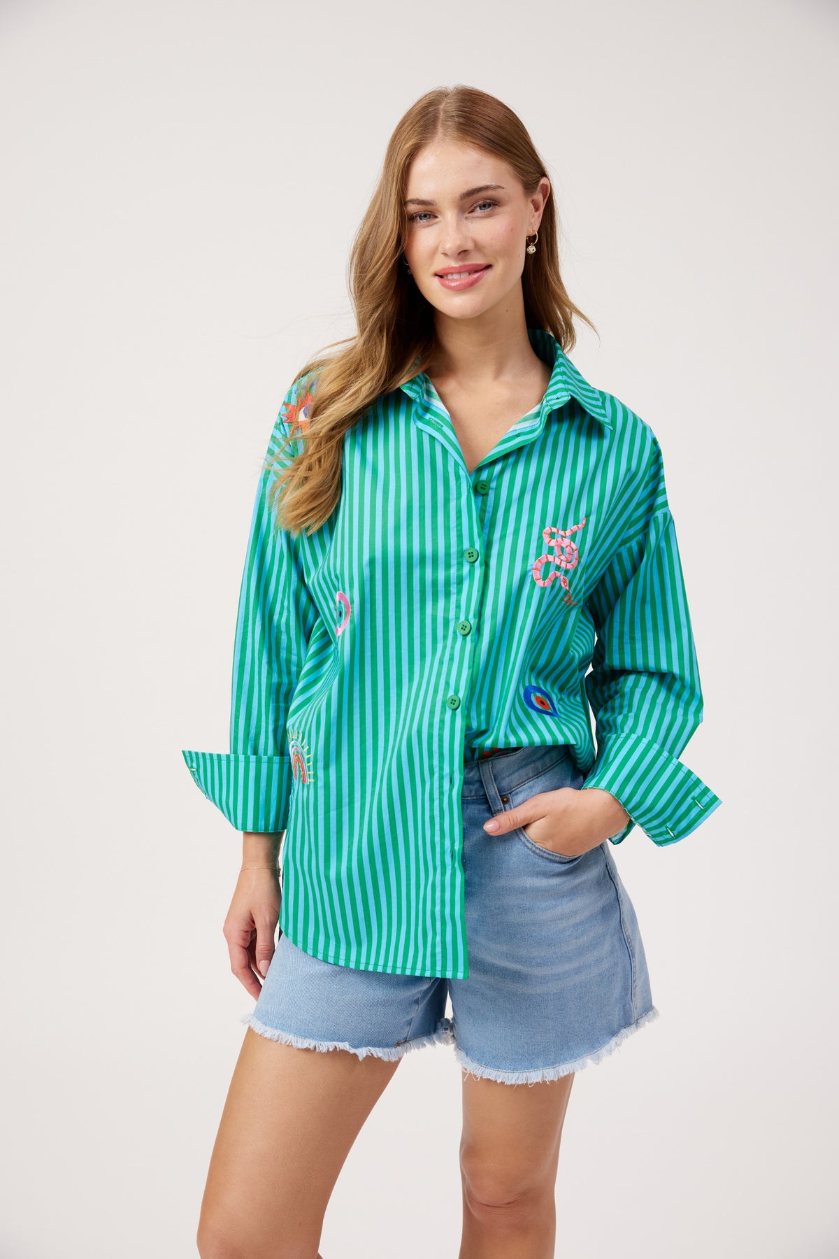 Mykonos Embroidered Stripe Shirt, Green