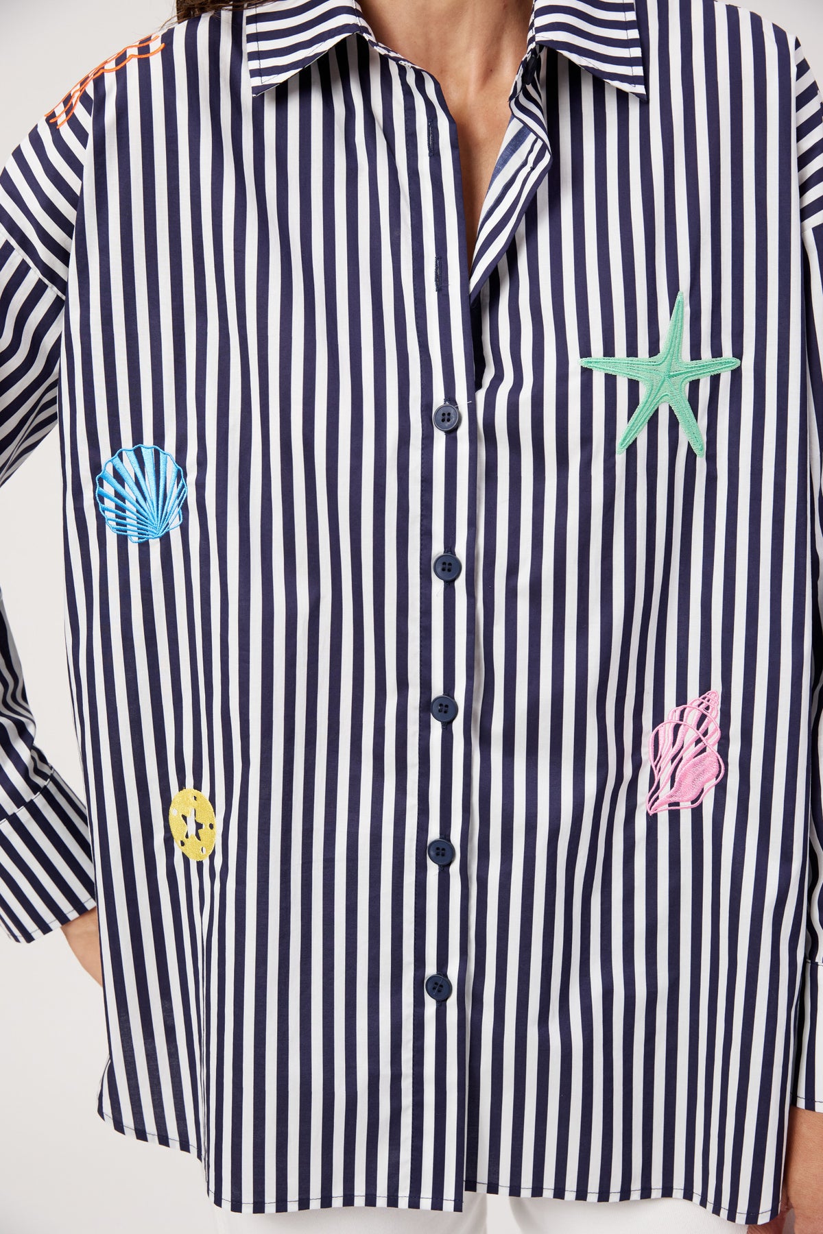 Mykonos Embroidered Stripe Shirt, Navy