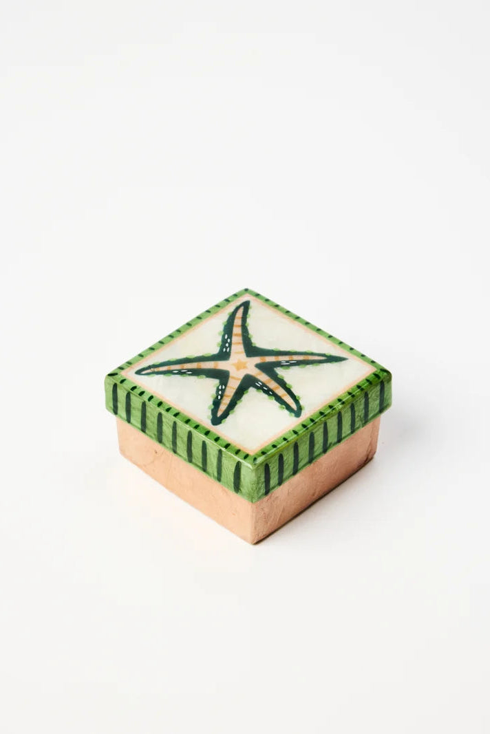 A small square decorative box with a green and white starfish design on top, set against a plain white background.