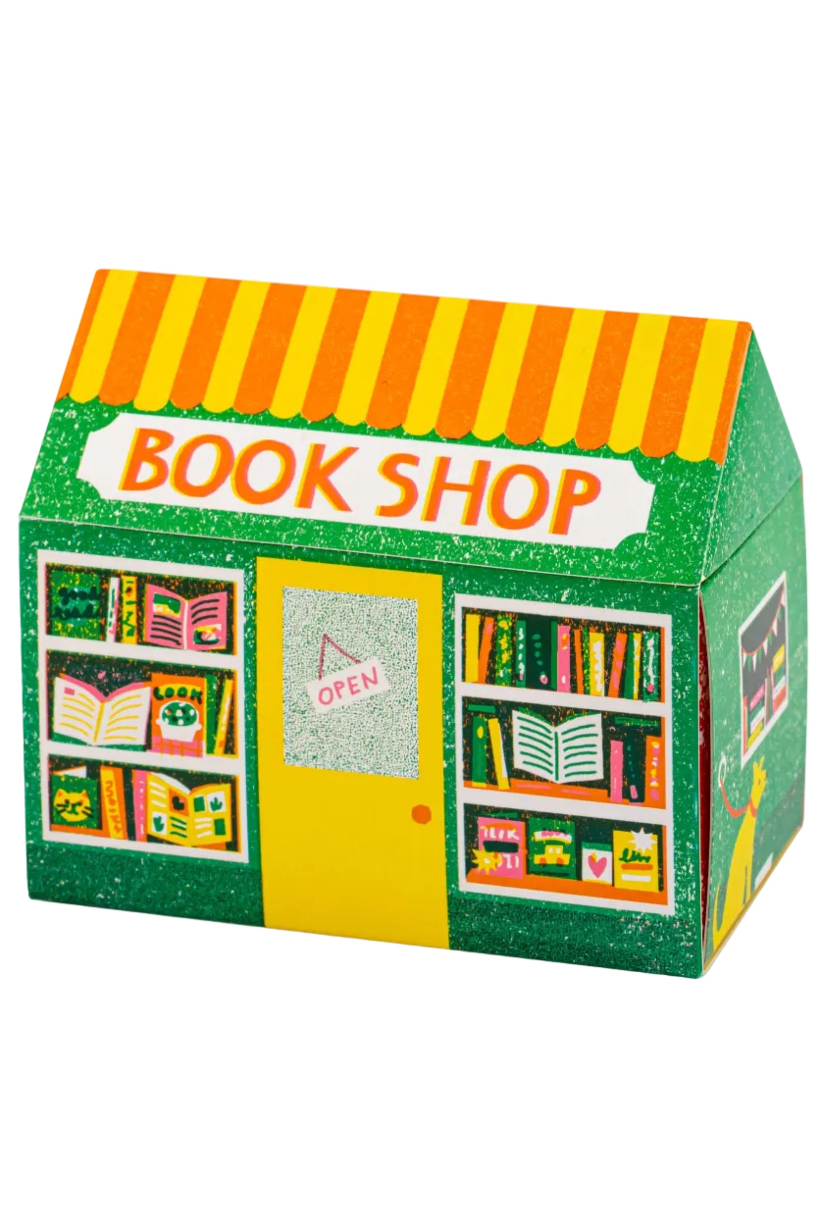 Toy bookshop with a green building, yellow door, and orange striped roof on a white background.