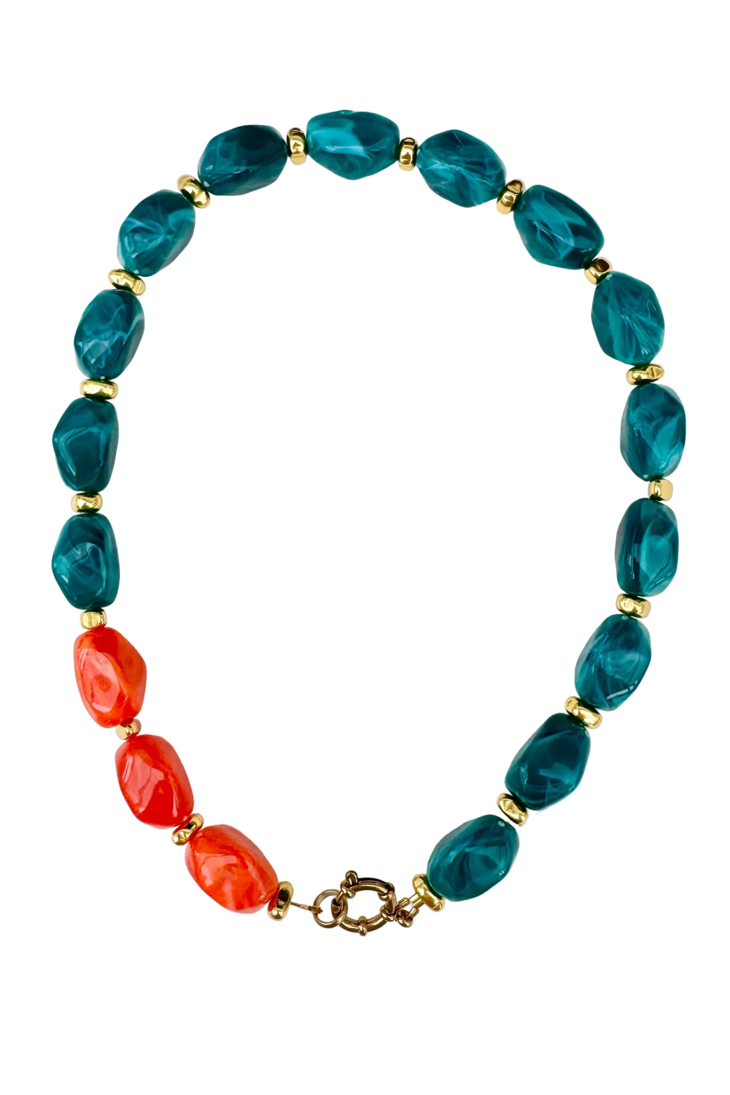 Necklace with blue and orange beads on a white background