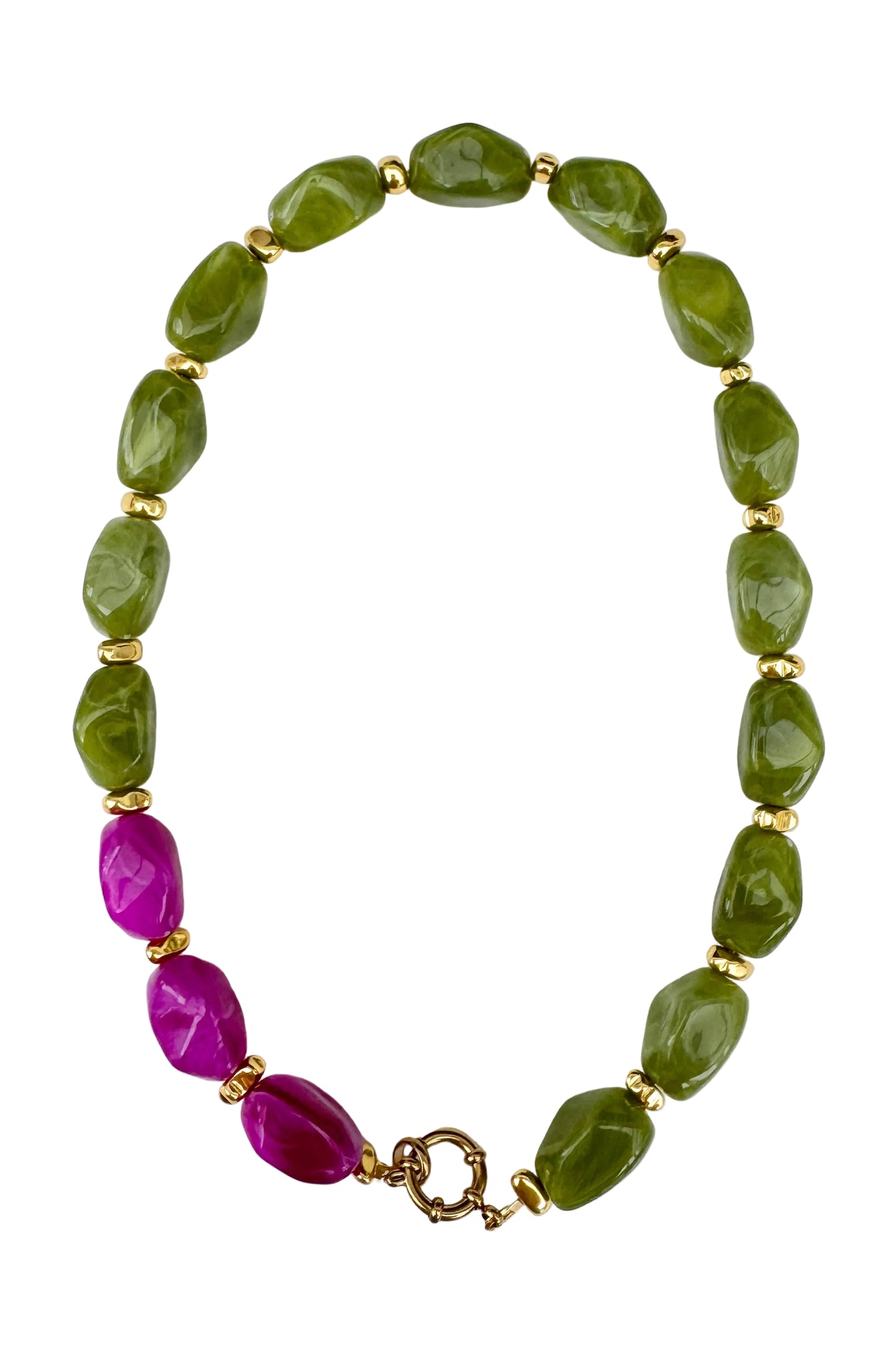 Necklace with green and purple beads on a white background