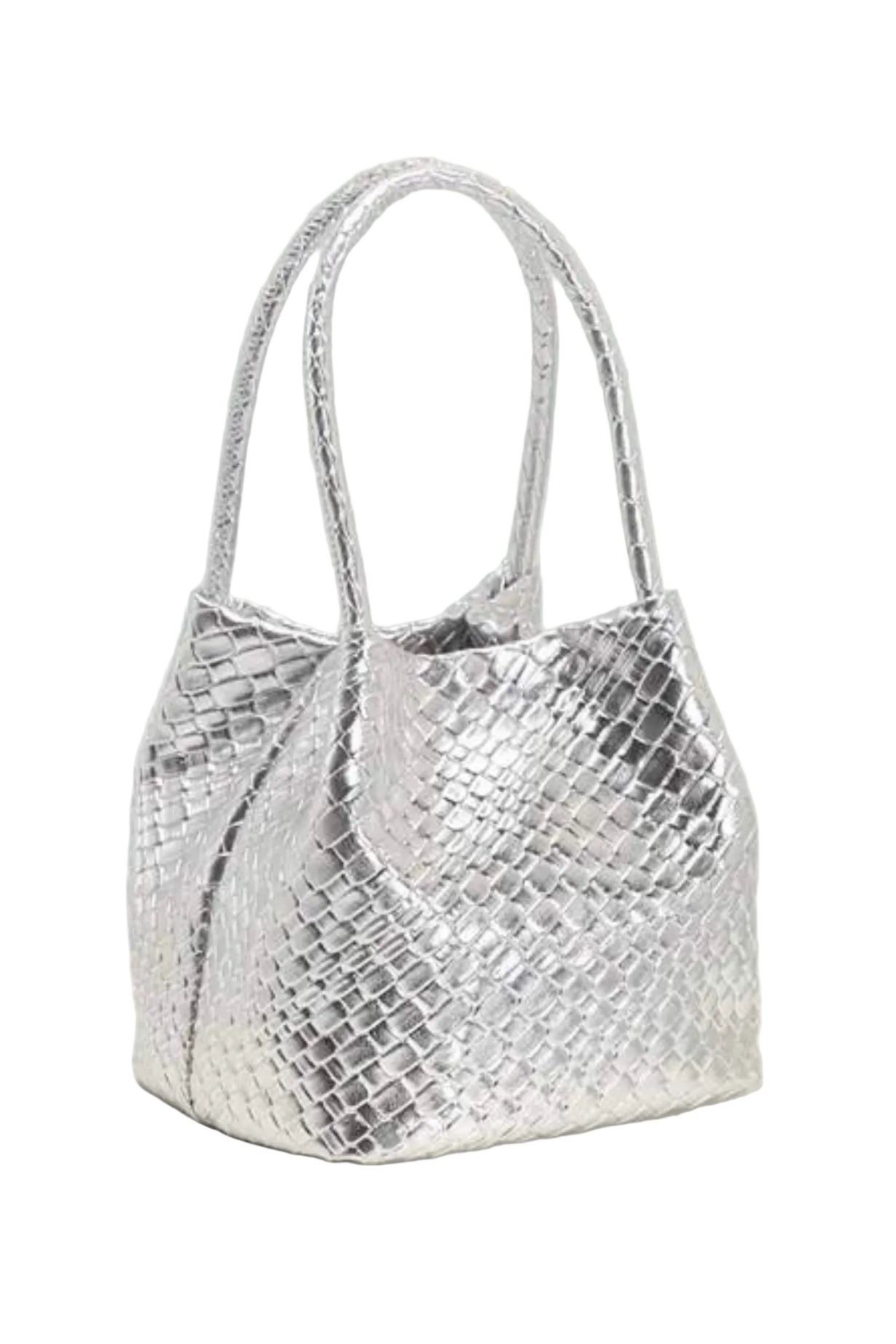 A metallic silver woven handbag with two top handles, displayed on a white  background.