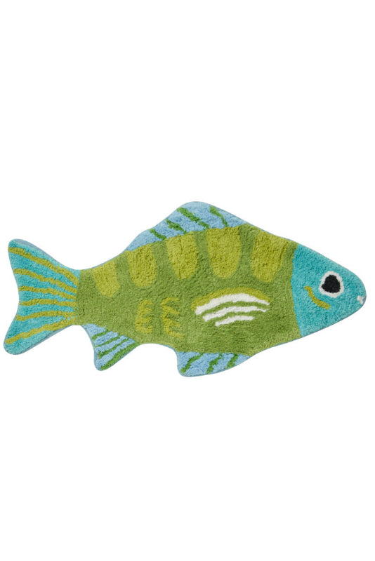 A fish-shaped bath mat with a textured, tufted surface. The design features a green body with yellow-green scale patterns, a blue head and pectoral fin, and a striped blue and yellow tail.