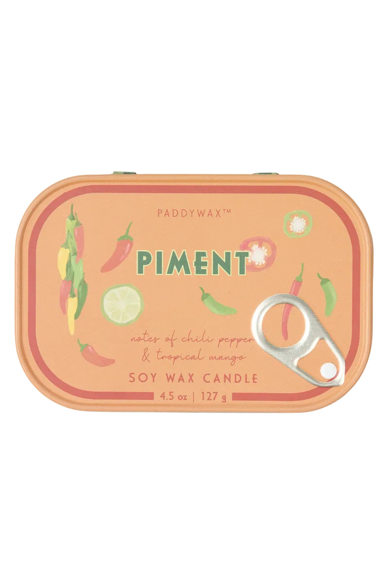 Paddywax Piment candle packaging with chili peppers and lime on a white background