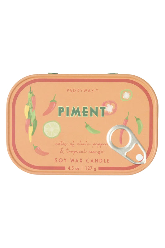 Paddywax Piment candle packaging with chili peppers and lime on a white background