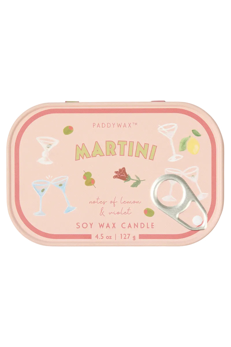 Paddywax Martini soy wax candle tin with decorative design on a white background