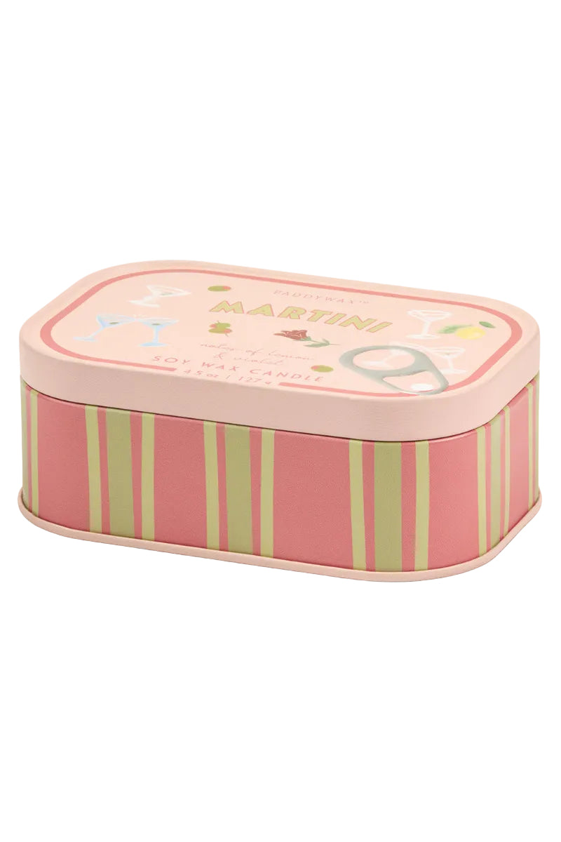 Pink striped tin with 'Martini' branding on a white background