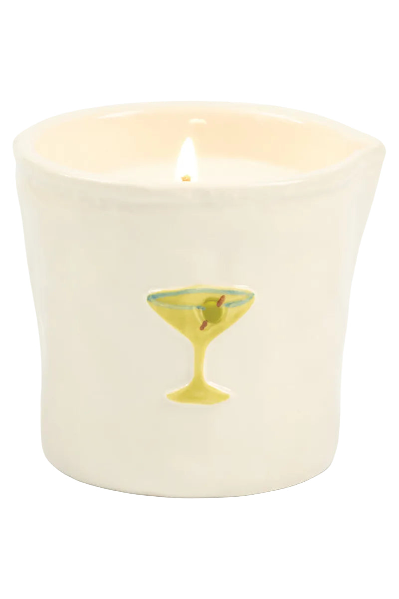 Candle in a white container with a design of a cocktail glass on a white background