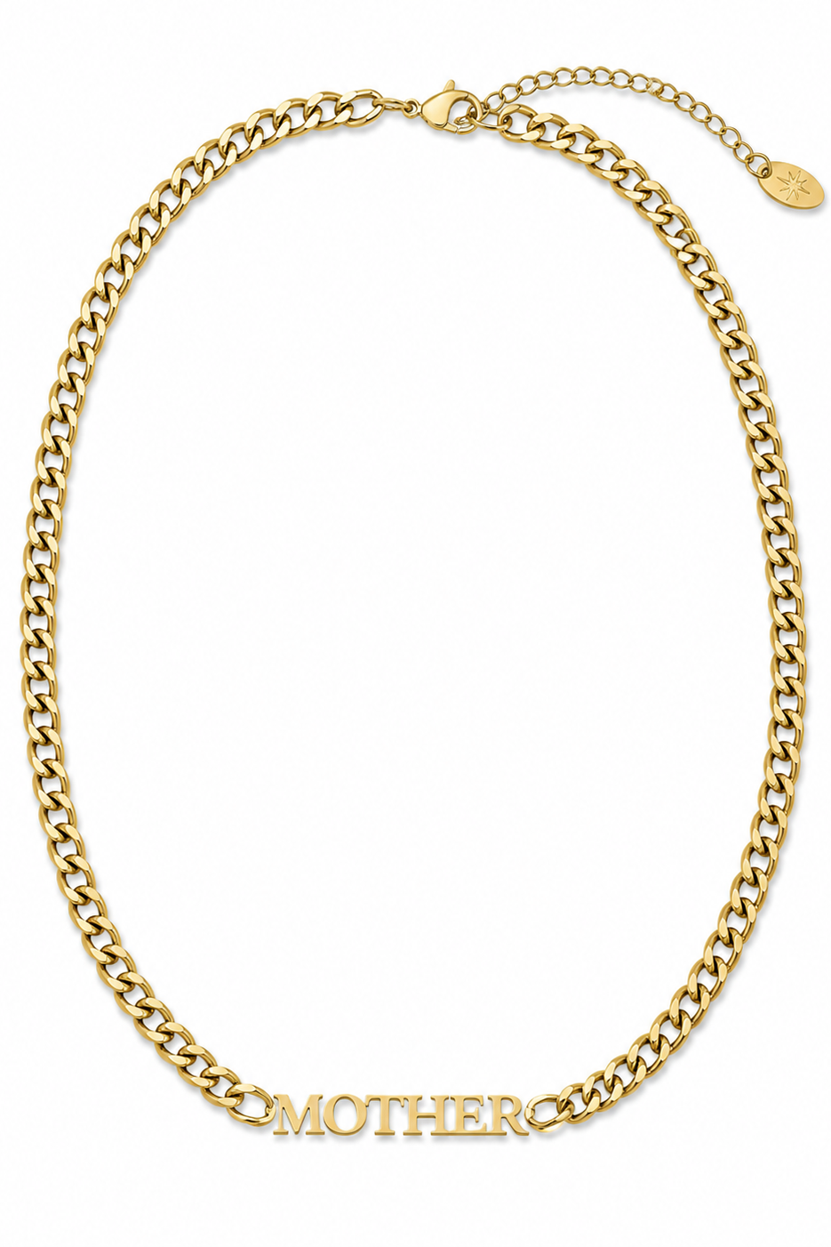 Gold chain necklace with 'MOTHER' pendant on a white background