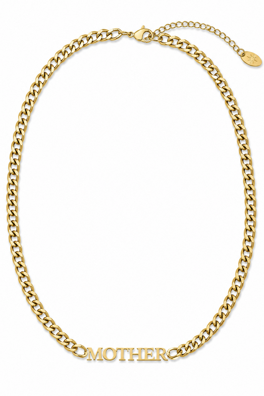 Gold chain necklace with 'MOTHER' pendant on a white background