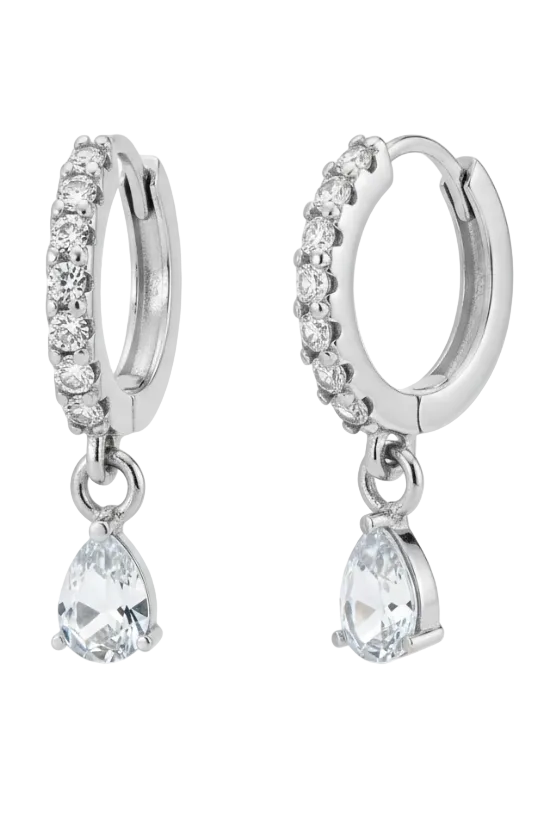 Silver hoop earrings with teardrop-shaped crystals on a white background