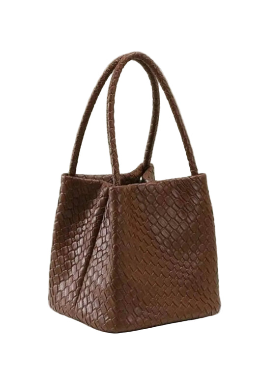 A brown woven leather handbag with double top handles, on a white background.