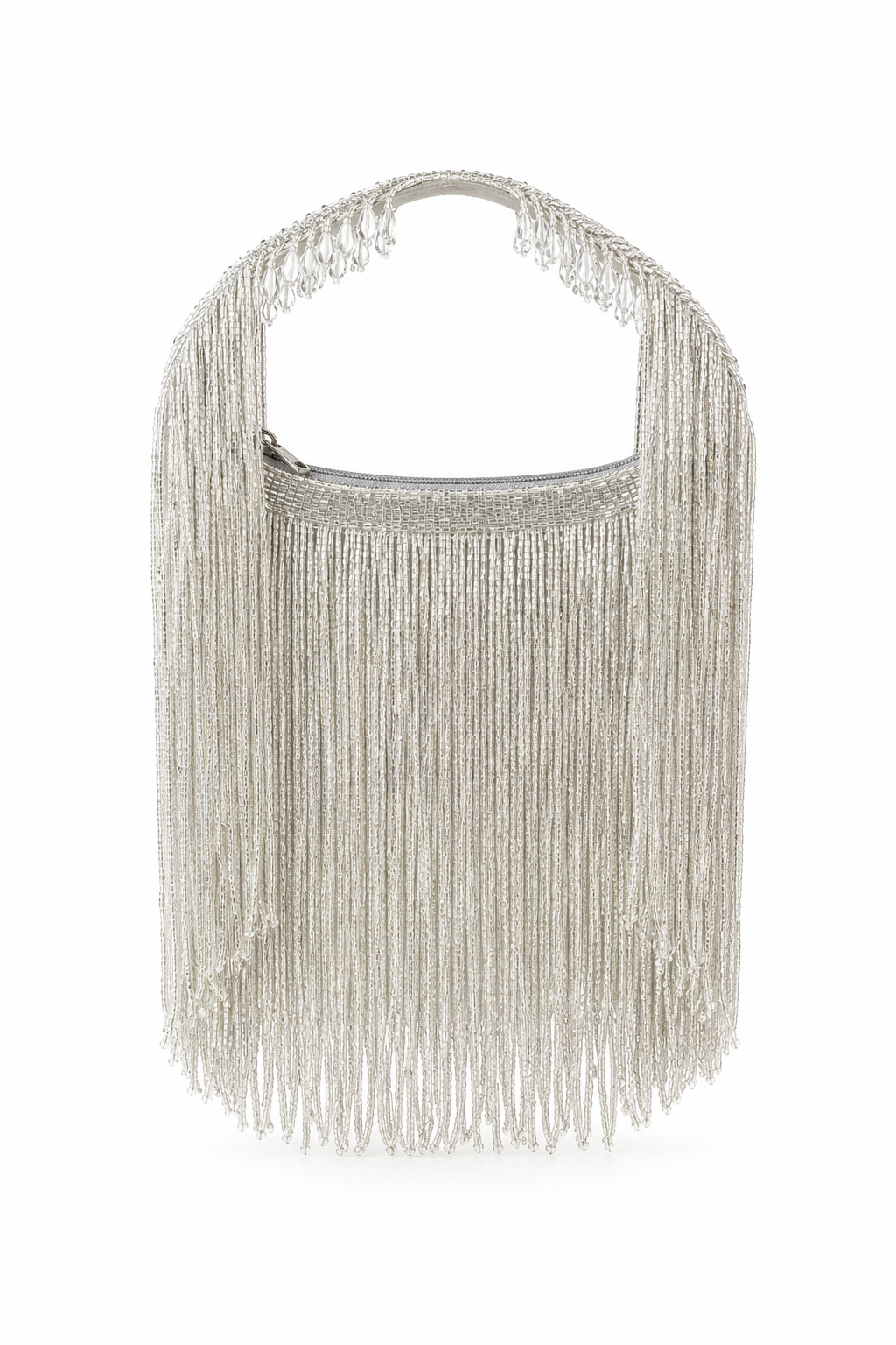 A silver metallic fringe handbag with a curved top handle, photographed against a plain white background.