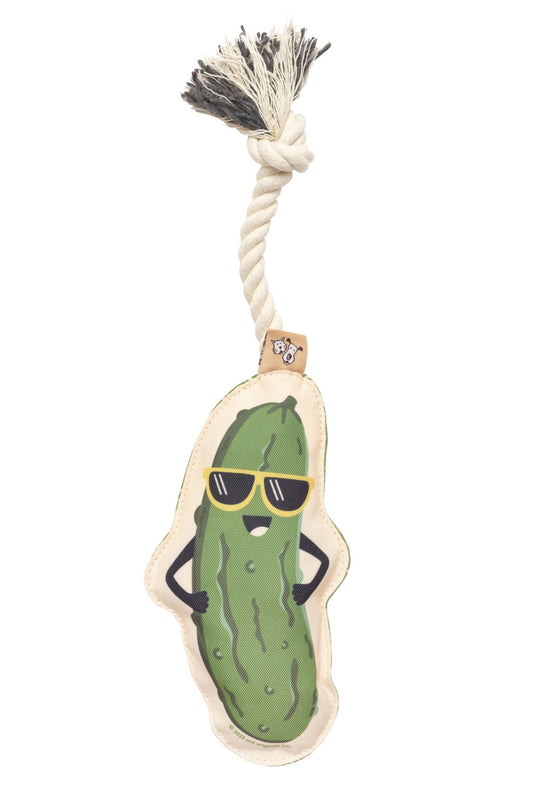 Dog toy with a pickle character wearing sunglasses on a white background