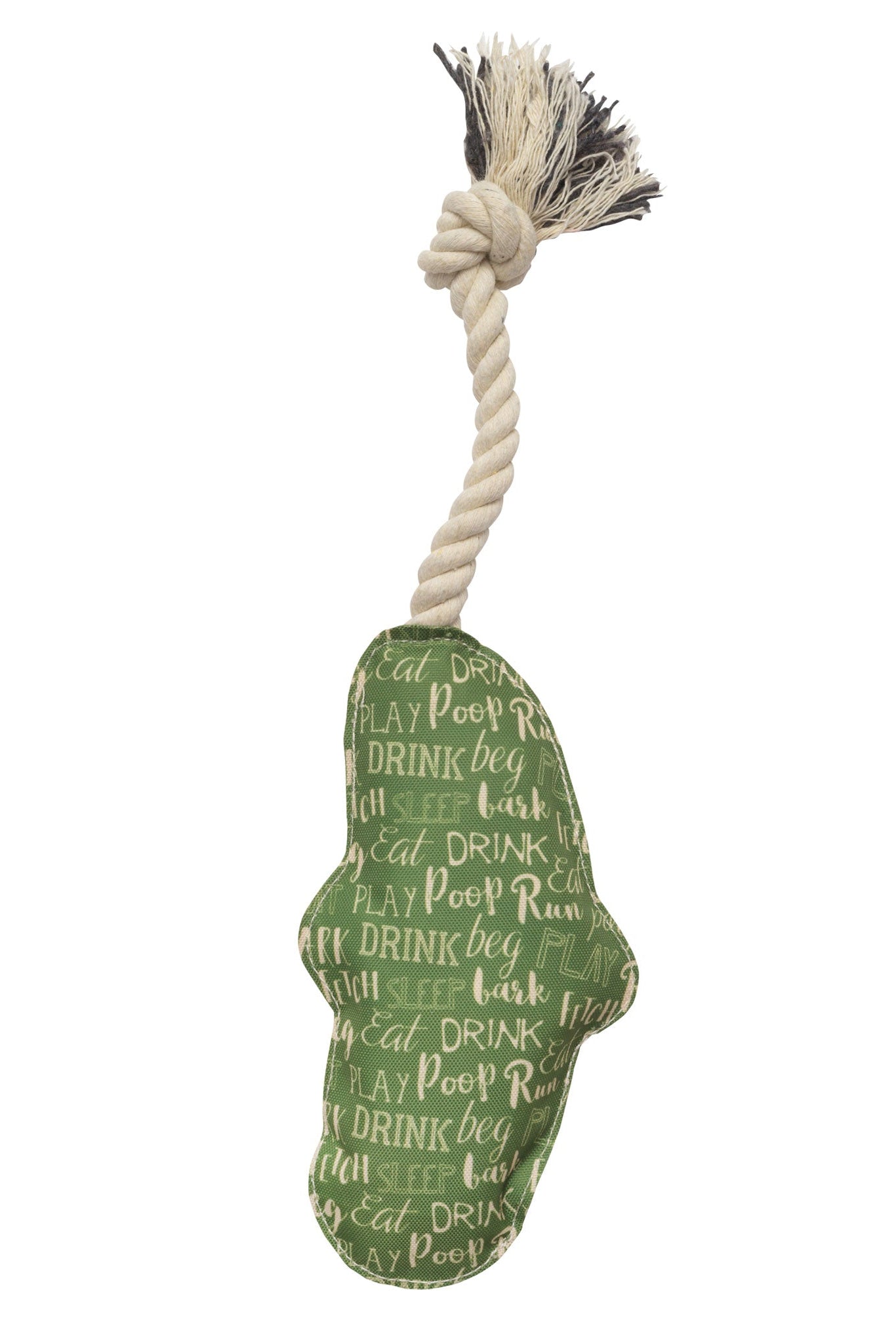 Dog toy with green paw-shaped cushion and rope handle on a white background