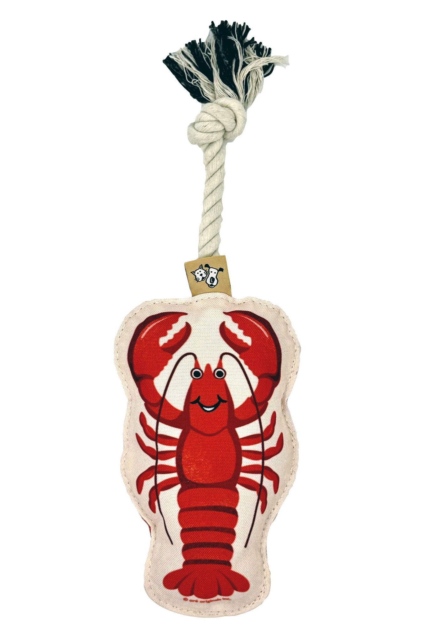 Lobster-shaped dog toy with a rope on a white background