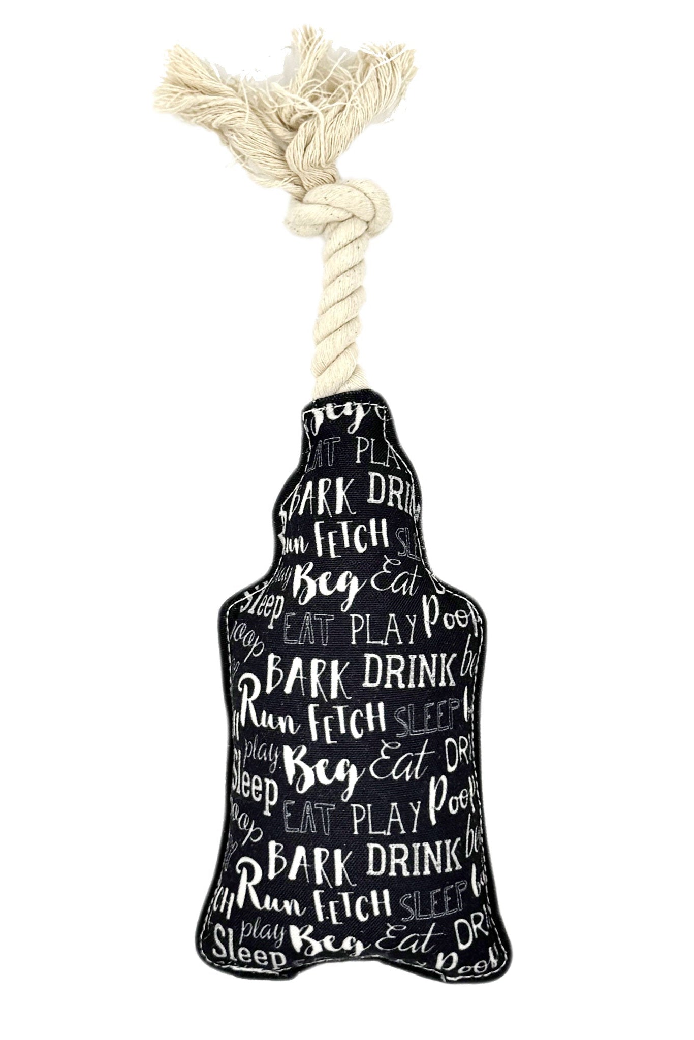Dog toy shaped like a black dog with white text on a white background