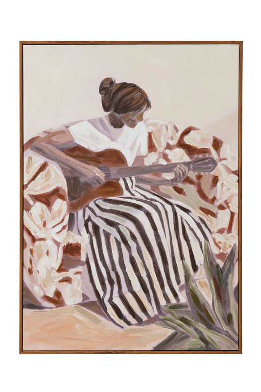 Artistic depiction of a woman playing a stringed instrument with floral elements