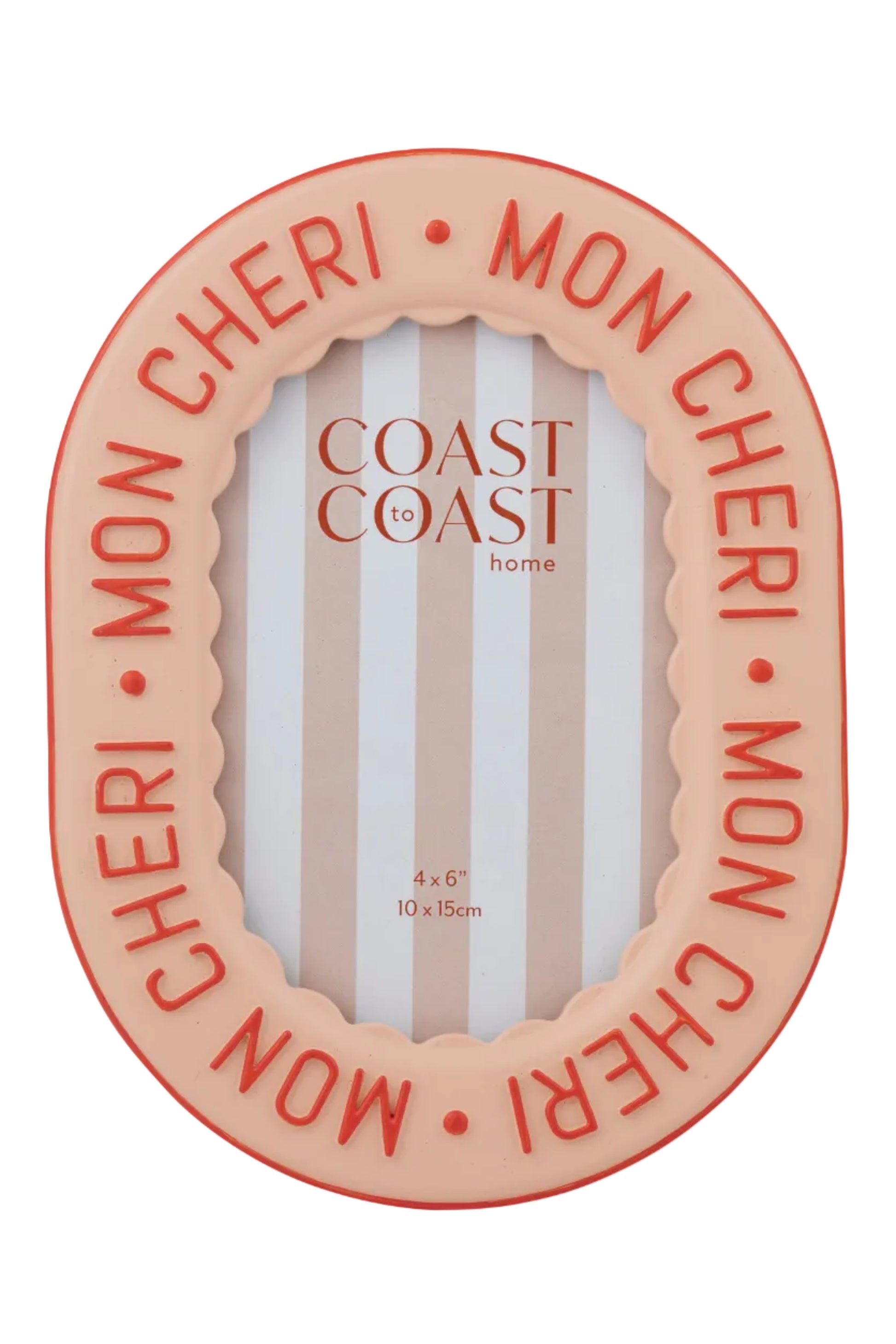 Round resin picture frame with 'Mon Cheri' text on a white background