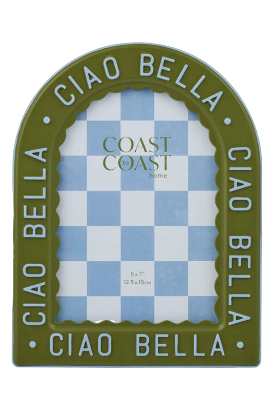 Green picture frame with 'Ciao Bella' text and checkered pattern inside